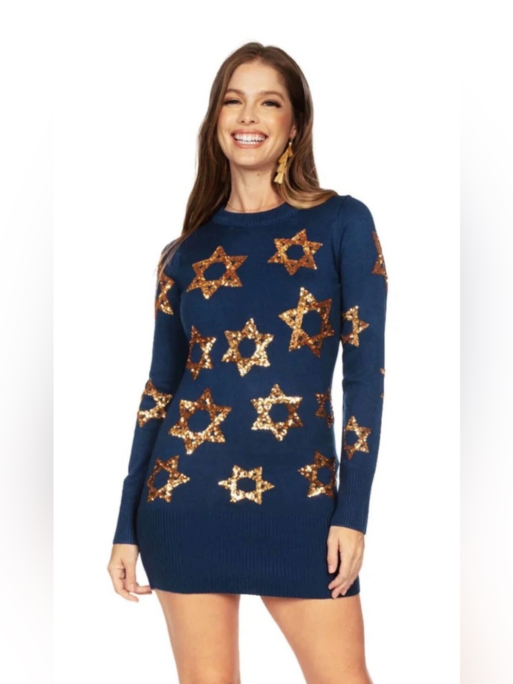 Tipsy Elves Blue Star of David Sweater Dress Hanukkah Gold Size Medium/Small
